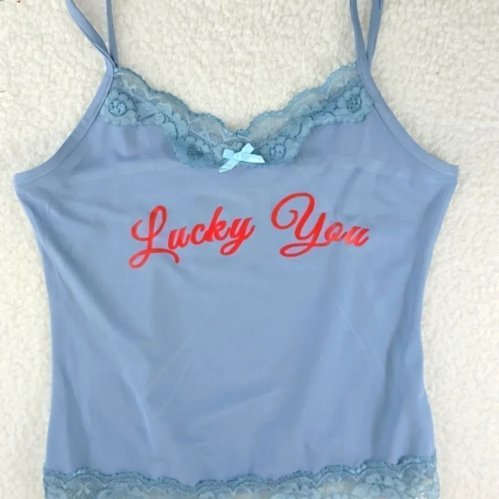 Virghoes Powder Blue Lacy Cami with red text printed Lucky You